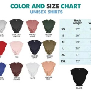 The image is a color and size chart for unisex t-shirts, displaying various color options and corresponding sizes.