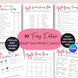 May include: Ten printable baby shower games with pink bows and watercolor designs. The games include "Guess Who? Mommy or Daddy", "World Mommy Rather", "Baby Family Feud", "Baby Predictions & Advice", "Baby Bingo", and "Baby Trivia".