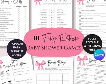 Paquete de juegos para baby shower con lazo rosa para niña con 10 juegos para baby shower totalmente editables, descarga instantánea, plantillas imprimibles con lazo