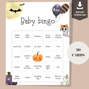 Bingo babyshower Halloween | Halloween-bingo | Bingo voor babyshowers | Halloween-babyshowergames | 30 Halloween-babybingokaarten | Halloween