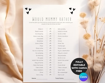 Would Mommy Rather Baby Shower Game | Minimalist/Neutral Baby Shower Games Print Editable Template | Who Knows Mommy Best | Would She Rather