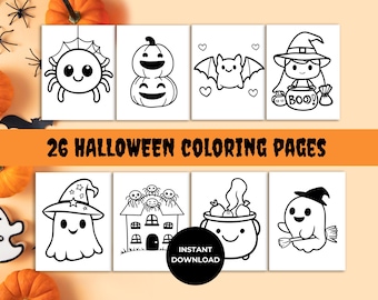 May include: A collection of 26 Halloween coloring pages featuring various spooky and cute illustrations. The images include a spider, pumpkins, a bat, a witch, a ghost, and a cauldron. The text "26 Halloween Coloring Pages" is displayed in orange.