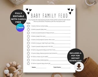 Babyshower-familjefejd | Minimalistiska/neutrala babyshower-spel | Könsavslöjande spel | Redigerbar mall | Direktnedladdning | Utskrivbar