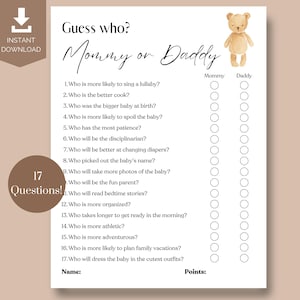 Guess Who Mommy or Daddy Baby Shower Game | Baby Shower Teddy Bear | Baby Shower/Gender Reveal Games | Who Said It Trivia Game | Printable