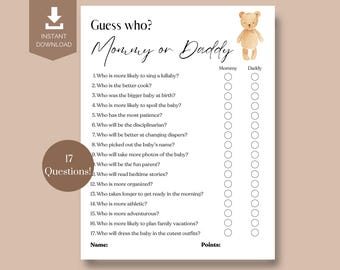Guess Who Mommy or Daddy Baby Shower Game | Baby Shower Teddy Bear | Baby Shower/Gender Reveal Games | Who Said It Trivia Game | Printable