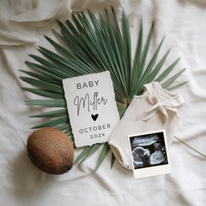 Op de afbeelding: Een baby aankondiging met een witte kaart met de tekst "BABY Miller October 202X", een kokosnoot, een babyromper, een echo en groene palmbladeren op een witte achtergrond.
