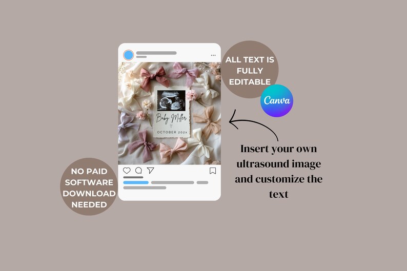 May include: A digital template for a social media post announcing a pregnancy. The template features a pink and white color scheme with a photo of an ultrasound image and the text "Baby Miller, October 2022".