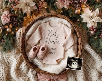 May include: A light pink baby onesie with the text "Baby Harper JUNE 202X" is displayed in a woven basket with matching baby shoes. An ultrasound image is also included. The scene is decorated with flowers and greenery.