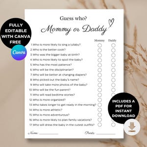 Guess Who Mommy or Daddy Baby Shower Game | Neutral/Minimalist Baby Shower Games | Gender Reveal Games | Template/print | Who Said It Trivia