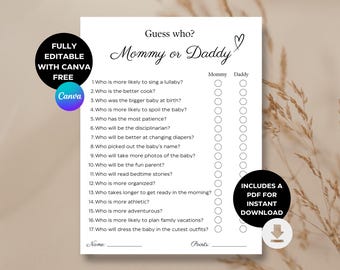 Raad eens wie mama of papa babyshowerspel | Neutrale/minimalistische babyshowers | Genderonthullingsgames | Sjabloon/afdruk | Wie heeft het gezegd?