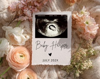 Girl Floral Pregnancy Announcement | Soft Peach, Pink and White Flowers Baby Reveal | Editable Canva Template