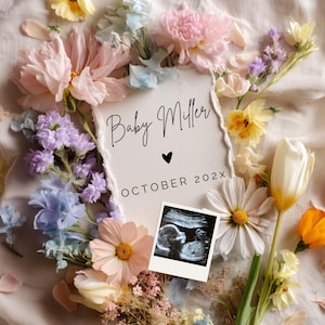 Baby in Bloom Digital Pregnancy Announcement Editable Template Coquette Aesthetic Floral Pastel Spring Summer Expecting Reveal Social Media