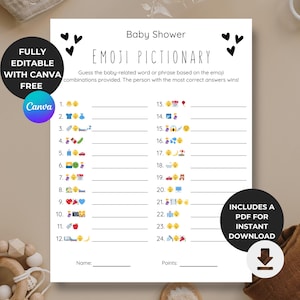 Emoji Pictionary Baby Shower Game | Baby Phrases Emoji Game | Baby Shower Games | Gender Reveal Games | Editable Printable Template