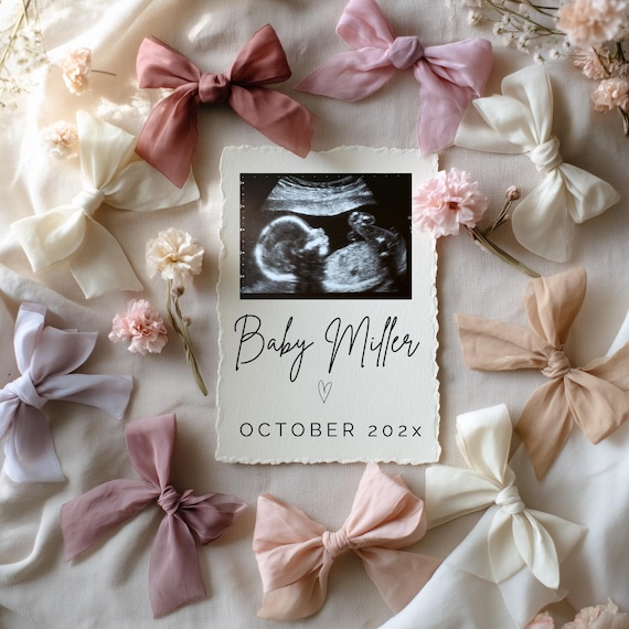 Messy Coquette Pregnancy Announcement Digital Editable Template Social Media Ultrasound Romantic Bow Girl Baby Reveal Floral Pastel