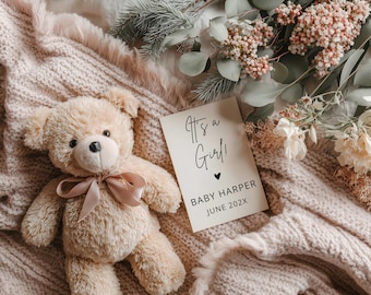 Baby Girl Gender Reveal Digital Pregnancy Announcement – Teddy Bear | Editable Canva Template