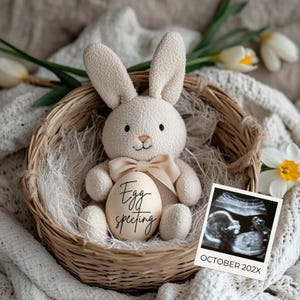EggSpecting Schwangerschaftansage Digital Osterhase Ei Baby offenbaren bearbeitbare Vorlage Social Media Erwartet geschlechtsneutrale Blumen