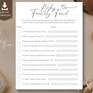 Baby Shower Family Feud with Answers | Baby Shower Games Instant Download Printable | Minimalistic Gender Neutral Baby Shower Activity