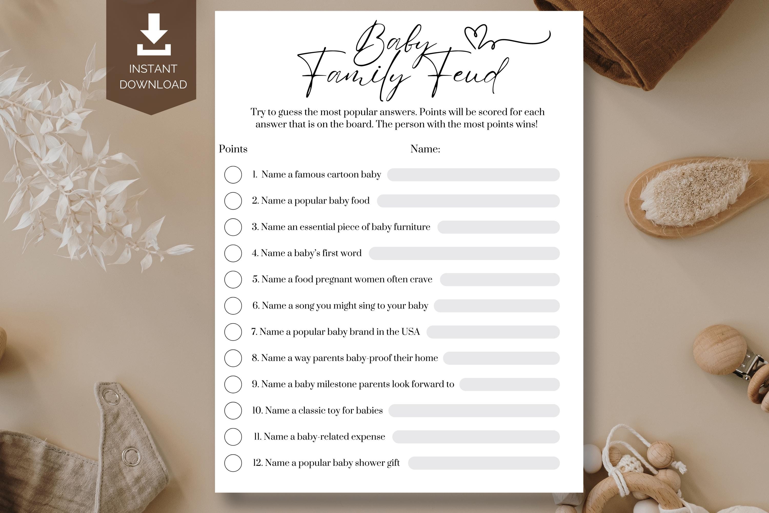Baby Shower Family Feud Game Cards - 30 Game Cards + Answer Key, Gender Neutral Party Game, Baby Feud Supplies - View #6