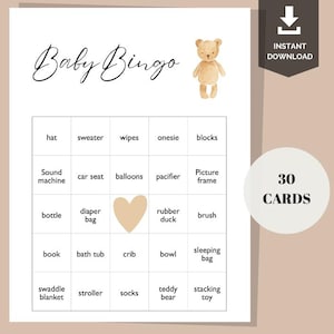 Bingo para baby shower con osito de peluche neutro, 30 tarjetas precargadas / Juegos para baby shower / Juegos para revelar el género del bebé / Descarga instantánea e imprimible