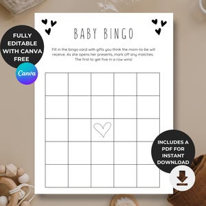 Blanco babyshowerbingo | Minimalistisch/neutraal babybingo Guess the Gifts | Babyshowerspelletjes/-activiteit | Bewerkbare sjabloon/directe download