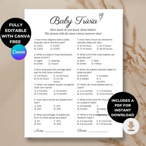 Jeu-questionnaire sur la baby shower | Jeux de baby shower neutres/minimalistes | Révéler le genre | Modèle modifiable | Téléchargement instantané | Questions d'ordre général