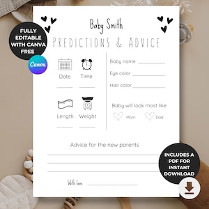 Carte de vœux et de conseils sur les prédictions de bébés neutres en matière de genre | Jeux de baby shower | Modèle modifiable minimaliste | Imprimable à téléchargement immédiat |
