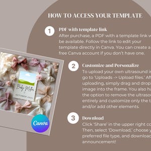 May include: A Canva template for a baby announcement with a pink and white color scheme. The template features a white card with the text "Baby Miller" and "October 2023". The card is surrounded by pink and white bows.