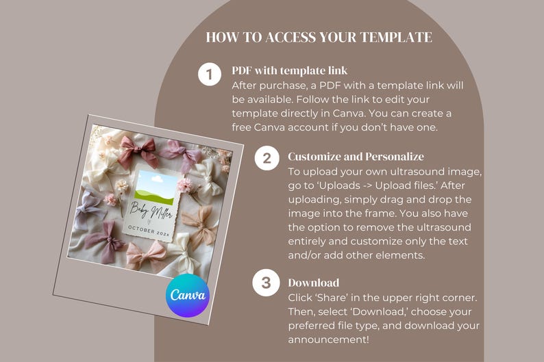 May include: A Canva template for a baby announcement with a pink and white color scheme. The template features a white card with the text "Baby Miller" and "October 2023". The card is surrounded by pink and white bows.