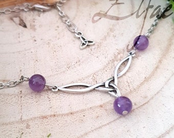 Elven necklace in Amethyst with Celtic Triquetra, interlacing knot, jewel for medieval wedding, esoteric magic witch wicca