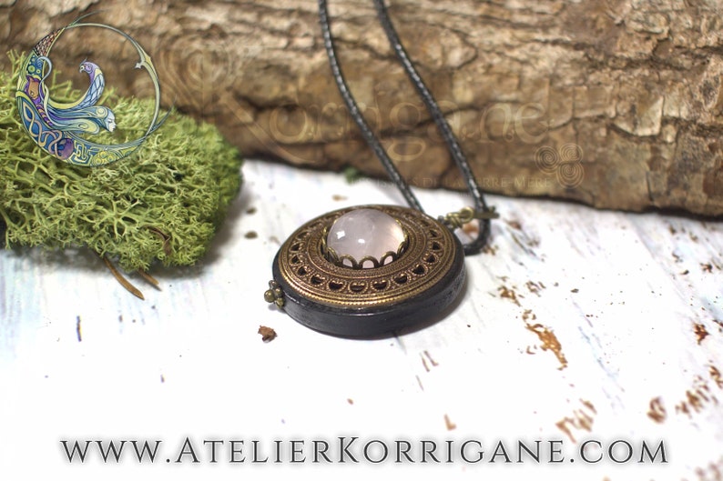 Brass Pagan Wood Pendant Wicca Talisman Gift Amulet Protection Necklace Pendant /'Amddiffyn/' Pink Quartz