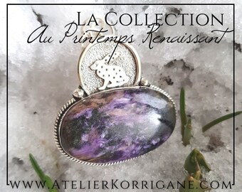 Ostara Hare Pendant in Charoite and Sterling Silver - Symbol of Renewal