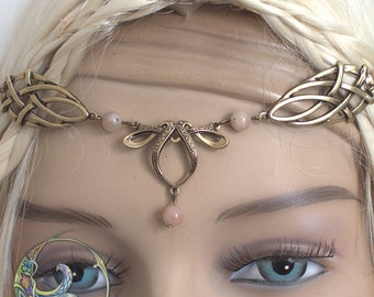 Erin Circlet - Peach or White Moonstone - Antiqued Brass or Silver - Celtic Elf Faery Tiara - can be wear as a Necklace