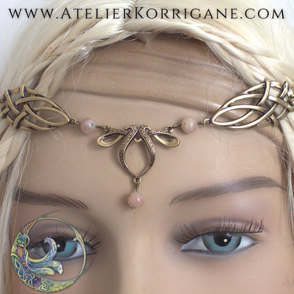 Erin Circlet - Peach or White Moonstone - Antiqued Brass or Silver - Celtic Elf Faery Tiara - can be wear as a Necklace