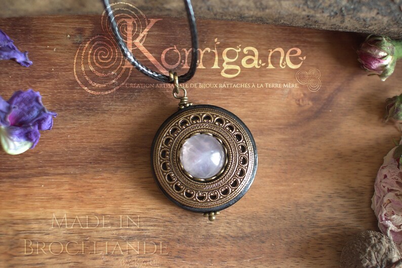 Brass Pagan Wood Pendant Wicca Talisman Gift Amulet Protection Necklace Pendant /'Amddiffyn/' Pink Quartz