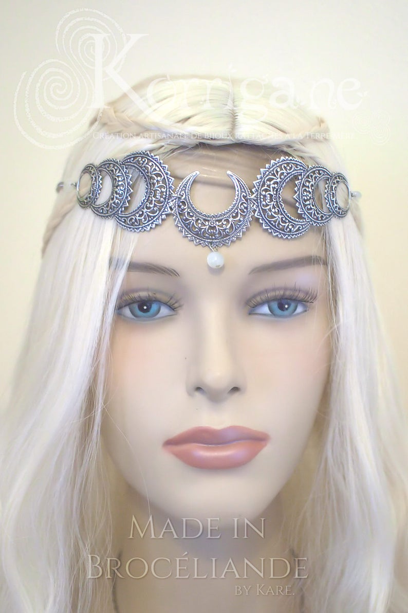 Wicca Moon Triple Goddess Circlet Belisama Tiara Diadem Triple Moon Pagan Real Moonstone Mother Goddess