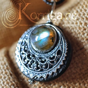 Amulet Protection Necklace Pendant Lleuad Moon Labradorite, Wicca, Wood Silver-Filled Brass Gemstone Pagan Triple Goddess image 5