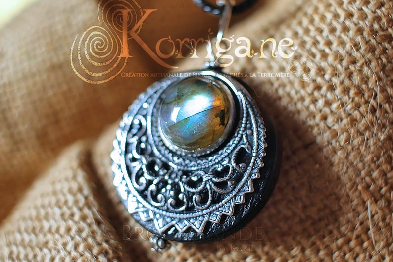 Amulet Protection Necklace Pendant Lleuad Moon Labradorite, Wicca, Wood Silver-Filled Brass Gemstone Pagan Triple Goddess image 5