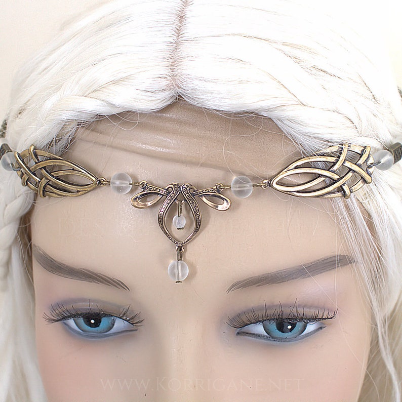 Érin Celtic Circlet Medieval Faery Tiara Bronze Pagan and fairy Circlet Choose your Beads Color Blanc givré