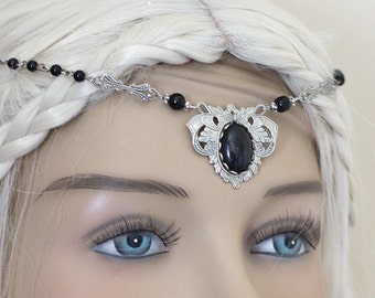 Elven Circlet "Black Elf" Tiara Diadem Headband glass cabochons and Onyx beads