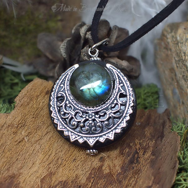 Amulette "Lleuad" Collier de Protection Lune Labradorite, Talisman Wicca Triple Déesse