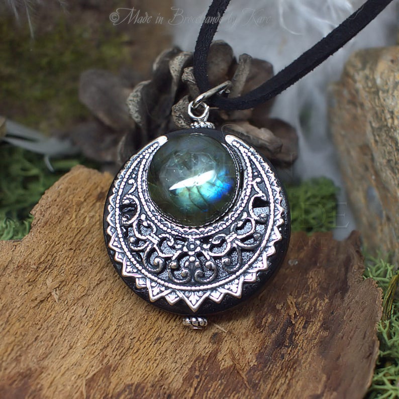 Amulet Protection Necklace Pendant Lleuad Moon Labradorite, Wicca, Wood Silver-Filled Brass Gemstone Pagan Triple Goddess image 1