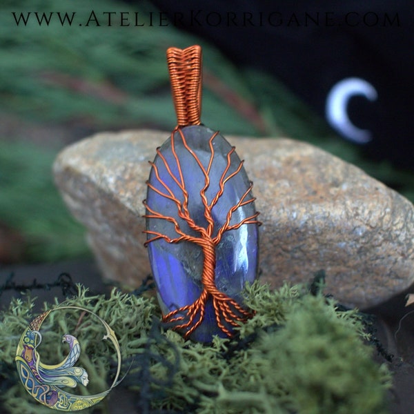 Collier Arbre de Vie - Labradorite Verte Bleue - Yggdrasil - Paganisme - Wicca - Féminin Sacré