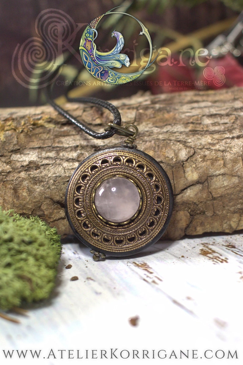 Brass Pagan Wood Pendant Wicca Talisman Gift Amulet Protection Necklace Pendant /'Amddiffyn/' Pink Quartz