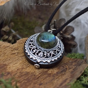 Amulet Protection Necklace Pendant Lleuad Moon Labradorite, Wicca, Wood Silver-Filled Brass Gemstone Pagan Triple Goddess image 6