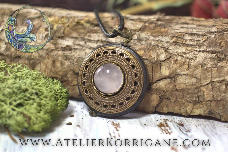 Brass Pagan Wood Pendant Wicca Talisman Gift Amulet Protection Necklace Pendant /'Amddiffyn/' Pink Quartz