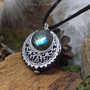 Amulet Protection Necklace Pendant Lleuad Moon Labradorite, Wicca, Wood Silver-Filled Brass Gemstone Pagan Triple Goddess image 3