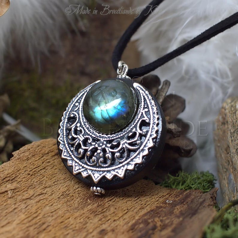 Amulet Protection Necklace Pendant Lleuad Moon Labradorite, Wicca, Wood Silver-Filled Brass Gemstone Pagan Triple Goddess image 3