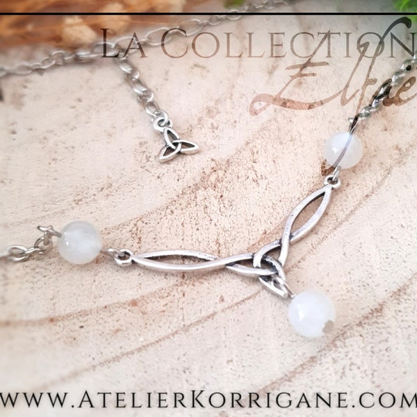 Elven necklace in Moonstone with Celtic Triquetra, interlacing knot, jewel for medieval wedding, esoteric magic witch wicca