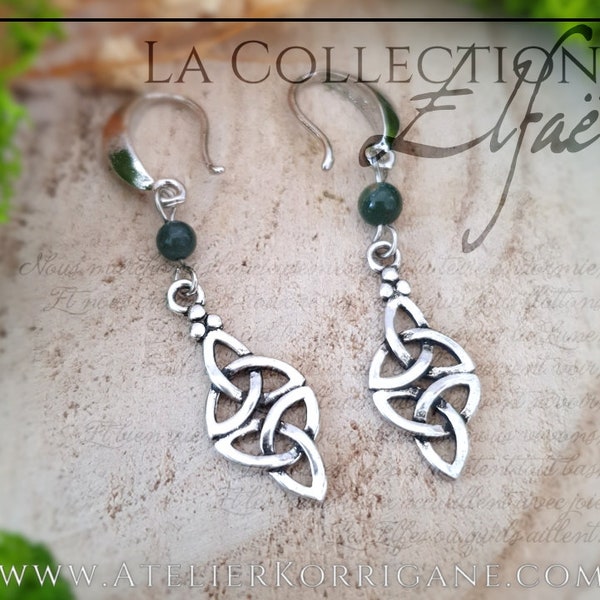 Boucles d'Oreilles Elfiques en Agate Mousse avec Triquetra Celtique, noeud entrelacs, bijou pour mariage médiéval, magie sorcière wicca