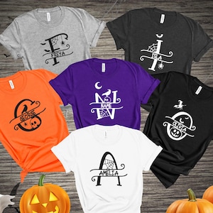Camiseta personalizada com alfabeto de Halloween, camiseta com nome personalizado, monograma assustador infantil, camiseta com letras de outono e bruxa, presente para combinar com a família, Halloween